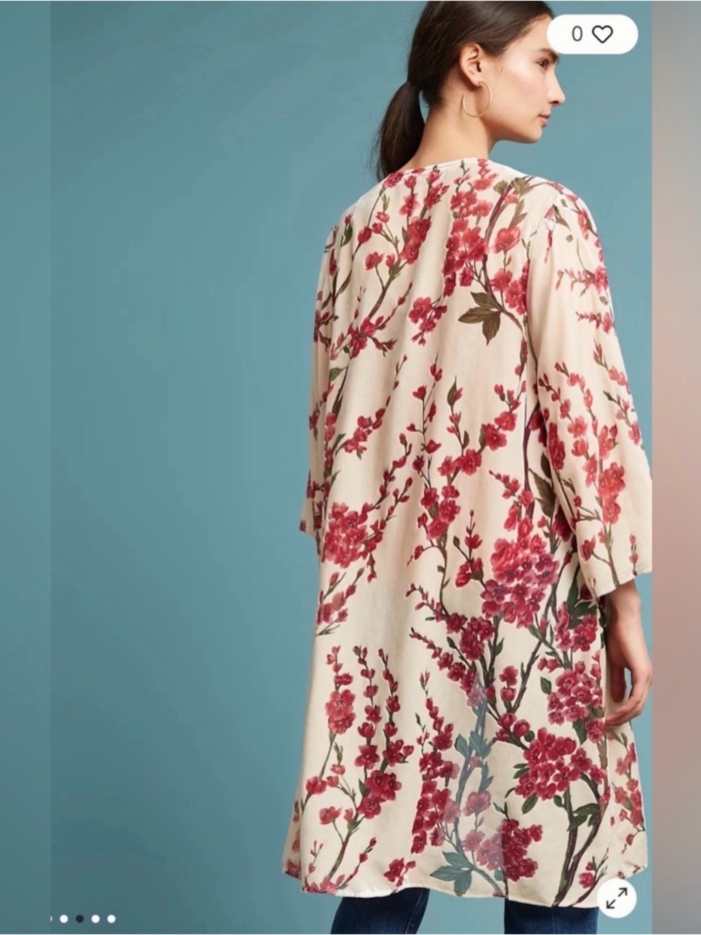 ANTHROPOLOGIE FLOREAT Kimono Duster Cream and Red Velvet Cherry Blossom One Size